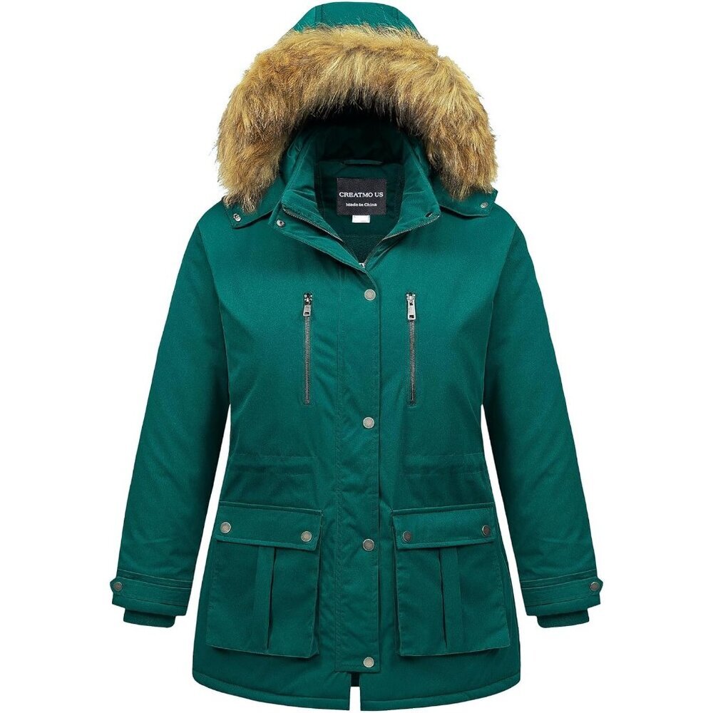Women's Winter Warm Green Waterproof Puffer Jacket Coat Thicken Fur Hood